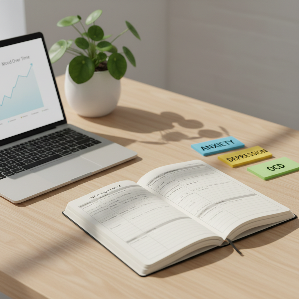 A neatly arranged wooden desk surface displaying an open hardcover journal filled with neatly written CBT thought records, beside color-coded sticky notes labeled with different mental disorders such as anxiety, depression, and OCD. A sleek laptop shows a clean, simple graph of mood tracking over time. Soft, diffused natural light from an unseen window washes across the light wood grain, creating gentle, calming shadows. A small, leafy green plant in a white ceramic pot adds life and balance. Photographic realism, eye-level composition with mild shallow depth of field, the foreground in sharp focus and the background subtly blurred. The mood is professional yet reassuring, conveying organization, understanding, and the possibility of change through structured therapy.
